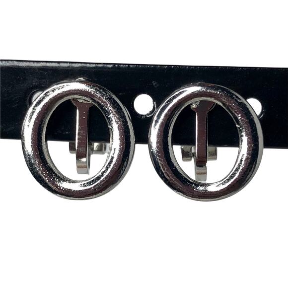 Silver Open Circle Clip-On Stud Earrings - Picture 2 of 4